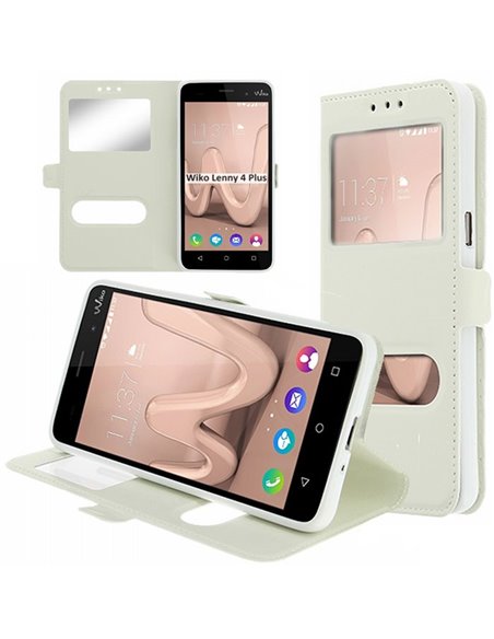 CUSTODIA per WIKO LENNY 4 PLUS - FLIP ORIZZONTALE SIMILPELLE CON INTERNO IN TPU SILICONE E DOPPIA FINESTRA ID COLORE BIANCO