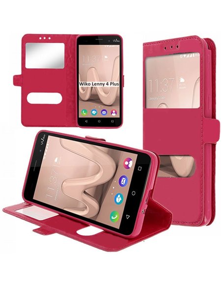 CUSTODIA per WIKO LENNY 4 PLUS - FLIP ORIZZONTALE SIMILPELLE CON INTERNO IN TPU SILICONE E DOPPIA FINESTRA ID COLORE ROSA