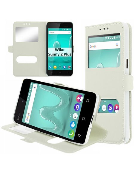 CUSTODIA per WIKO SUNNY 2 PLUS - FLIP ORIZZONTALE SIMILPELLE CON INTERNO IN TPU SILICONE E DOPPIA FINESTRA ID COLORE BIANCO