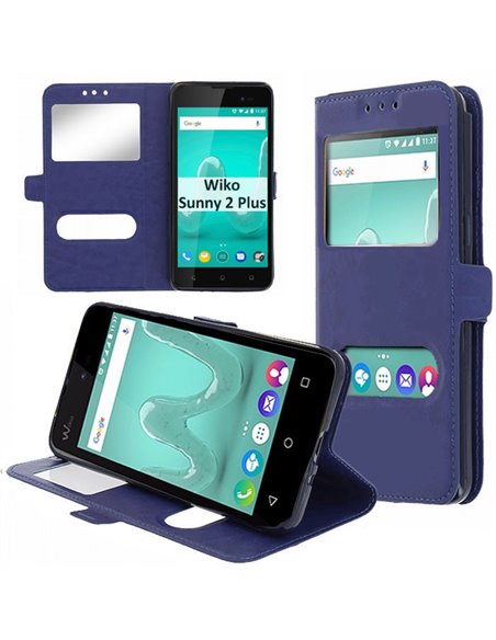 CUSTODIA per WIKO SUNNY 2 PLUS - FLIP ORIZZONTALE SIMILPELLE CON INTERNO IN TPU E DOPPIA FINESTRA ID COLORE BLU SCURO