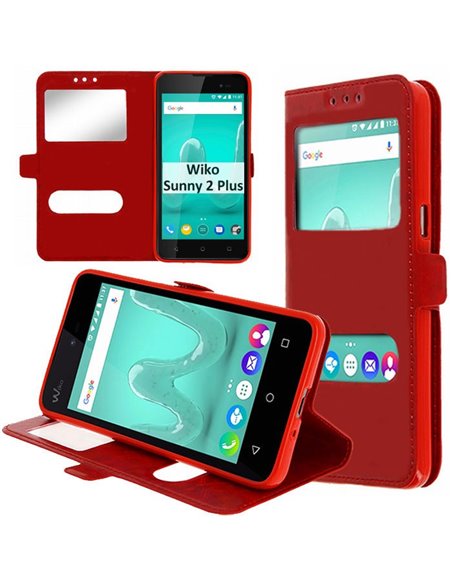 CUSTODIA per WIKO SUNNY 2 PLUS - FLIP ORIZZONTALE SIMILPELLE CON INTERNO IN TPU SILICONE E DOPPIA FINESTRA ID COLORE ROSSO