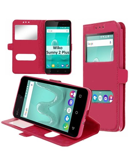 CUSTODIA per WIKO SUNNY 2 PLUS - FLIP ORIZZONTALE SIMILPELLE CON INTERNO IN TPU SILICONE E DOPPIA FINESTRA ID COLORE ROSA