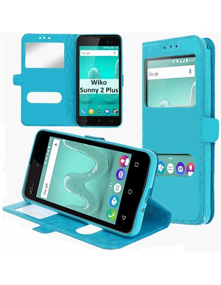 CUSTODIA per WIKO SUNNY 2 PLUS - FLIP ORIZZONTALE SIMILPELLE CON INTERNO IN TPU E DOPPIA FINESTRA ID COLORE AZZURRO