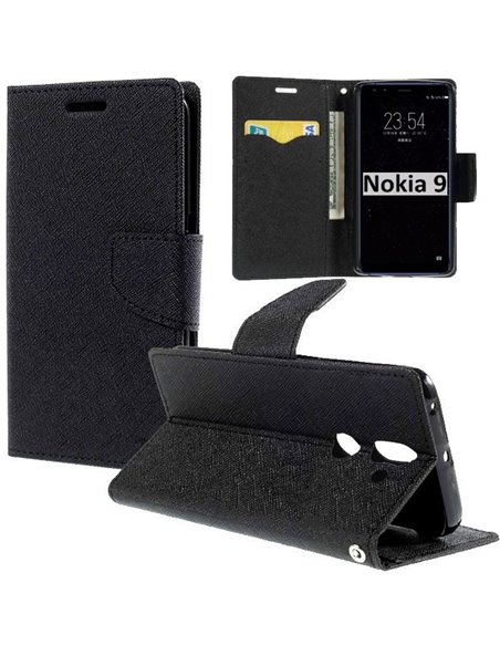 CUSTODIA per NOKIA 9 - FLIP ORIZZONTALE CON INTERNO IN TPU, STAND, PORTA CARTE E CHIUSURA MAGNETICA COLORE NERO