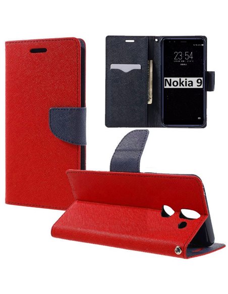 CUSTODIA per NOKIA 9 - FLIP ORIZZONTALE CON INTERNO IN TPU, STAND, PORTA CARTE E CHIUSURA MAGNETICA COLORE ROSSO