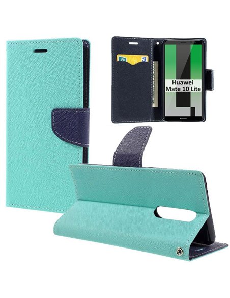 CUSTODIA per HUAWEI MATE 10 LITE - FLIP ORIZZONTALE CON INTERNO IN TPU, STAND, PORTA CARTE E CHIUSURA MAGNETICA VERDE ACQUA