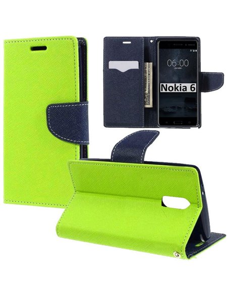 CUSTODIA per NOKIA 6 - FLIP ORIZZONTALE CON INTERNO IN TPU, STAND, PORTA CARTE E CHIUSURA MAGNETICA COLORE VERDE