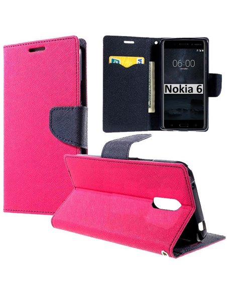 CUSTODIA per NOKIA 6 - FLIP ORIZZONTALE CON INTERNO IN TPU, STAND, PORTA CARTE E CHIUSURA MAGNETICA COLORE FUCSIA