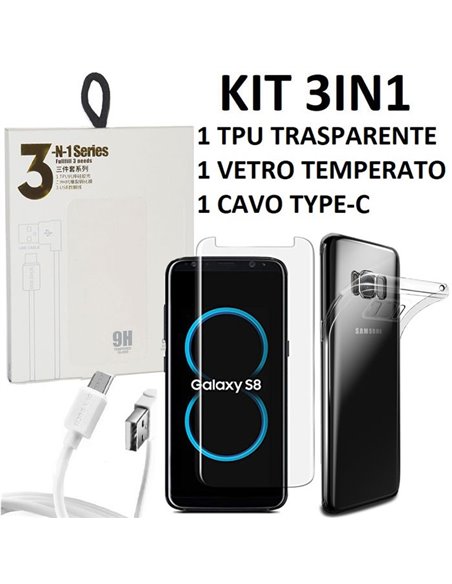 KIT 3IN1 per SAMSUNG SM-G950 GALAXY S8 CON CUSTODIA IN GEL TPU TRASPARENTE, VETRO TEMPERATO E CAVO TYPE-C BIANCO BLISTER