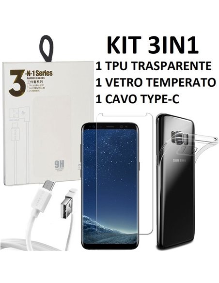 KIT 3IN1 per SAMSUNG SM-G955 GALAXY S8 PLUS CON CUSTODIA IN GEL TPU TRASPARENTE, VETRO TEMPERATO E CAVO TYPE-C BIANCO BLISTER