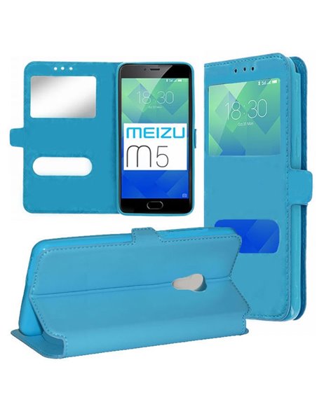 CUSTODIA per MEIZU M5 - FLIP ORIZZONTALE SIMILPELLE CON INTERNO IN TPU E DOPPIA FINESTRA ID COLORE AZZURRO