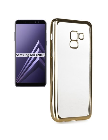 CUSTODIA per SAMSUNG GALAXY A8 PLUS (SM-A730) IN GEL TPU SILICONE TRASPARENTE CON CORNICE COLORE ORO