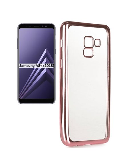 CUSTODIA per SAMSUNG GALAXY A8 PLUS (SM-A730) IN GEL TPU SILICONE TRASPARENTE CON CORNICE COLORE ROSA ORO