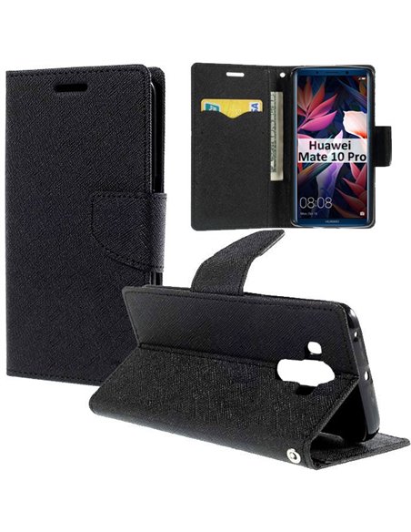 CUSTODIA per HUAWEI MATE 10 PRO - FLIP ORIZZONTALE CON INTERNO IN TPU, STAND, PORTA CARTE E CHIUSURA MAGNETICA COLORE NERO