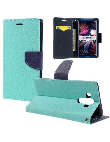 CUSTODIA per HUAWEI MATE 10 PRO - FLIP ORIZZONTALE CON INTERNO IN TPU, STAND, PORTA CARTE E CHIUSURA MAGNETICA VERDE ACQUA