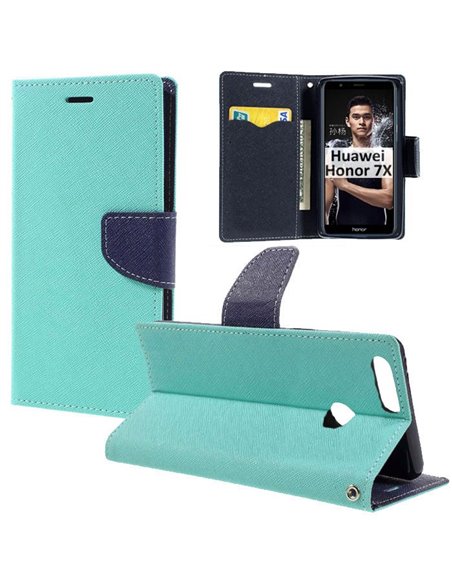 CUSTODIA per HUAWEI HONOR 7X - FLIP ORIZZONTALE CON INTERNO IN TPU, STAND, PORTA CARTE E CHIUSURA MAGNETICA VERDE ACQUA