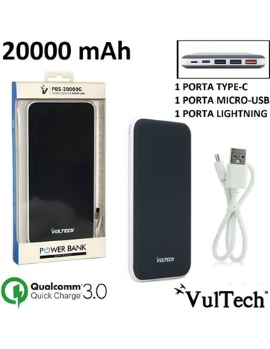 BATTERIA ESTERNA UNIVERSALE 20000 mAh FAST CHARGING (RICARICA VELOCE) 3.0 CON 3 PORTE USB E TECNOLOGIA SMART IC COLORE NERO
