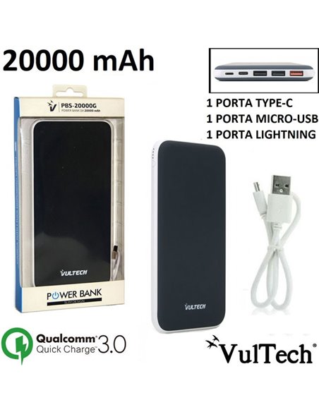 BATTERIA ESTERNA UNIVERSALE 20000 mAh FAST CHARGING (RICARICA VELOCE) 3.0 CON 3 PORTE USB E TECNOLOGIA SMART IC COLORE NERO