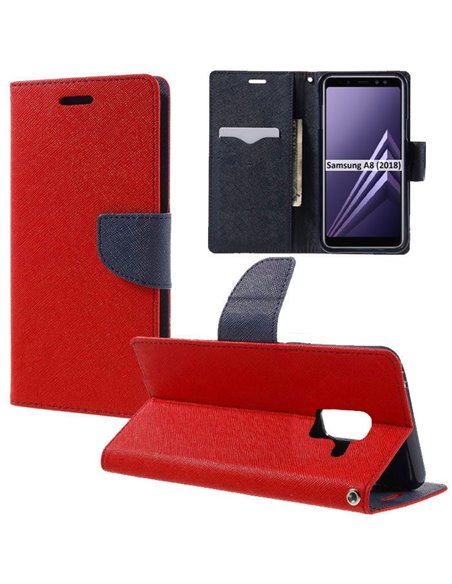 CUSTODIA per SAMSUNG GALAXY A8 (SM-A530), GALAXY A5 2018 - FLIP ORIZZONTALE CON STAND, INTERNO IN TPU E PORTA CARTE COLORE ROSSO