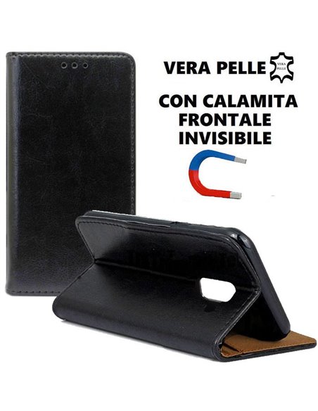 CUSTODIA per SAMSUNG GALAXY A8, A5 2018 - FLIP ORIZZONTALE VERA PELLE CON CHIUSURA MAGNETICA INVISIBILE E INTERNO IN TPU NERO