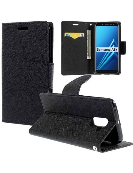 CUSTODIA per SAMSUNG GALAXY A8 PLUS (SM-A730) - FLIP ORIZZONTALE CON STAND, INTERNO IN TPU SILICONE E PORTA CARTE COLORE NERO