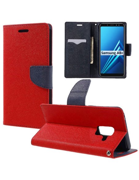 CUSTODIA per SAMSUNG GALAXY A8 PLUS (SM-A730) - FLIP ORIZZONTALE CON STAND, INTERNO IN TPU SILICONE E PORTA CARTE COLORE ROSSO