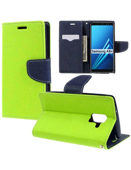 CUSTODIA per SAMSUNG GALAXY A8 PLUS (SM-A730) - FLIP ORIZZONTALE CON STAND, INTERNO IN TPU SILICONE E PORTA CARTE COLORE VERDE