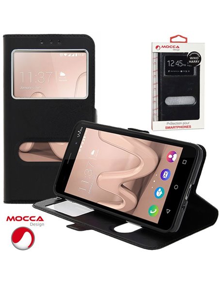 CUSTODIA per WIKO HARRY - FLIP ORIZZONTALE PELLE CON INTERNO IN TPU, DOPPIA FINESTRA ID E CHIUSURA MAGNETICA COLORE NERO MOCCA