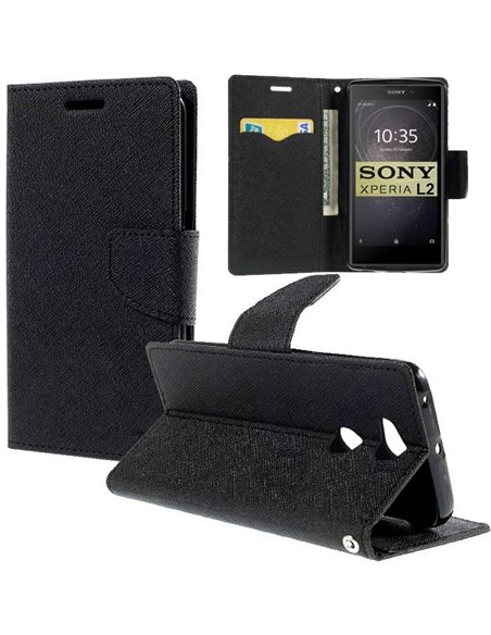 CUSTODIA per SONY XPERIA L2 - FLIP ORIZZONTALE CON INTERNO IN TPU SILICONE, STAND E TASCHE PORTA CARTE COLORE NERO