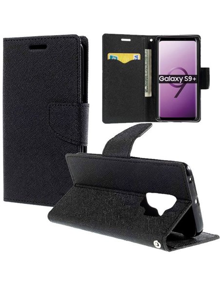 CUSTODIA per SAMSUNG GALAXY S9 PLUS (SM-G965) - FLIP ORIZZONTALE CON STAND, INTERNO IN TPU SILICONE E PORTA CARTE COLORE NERO