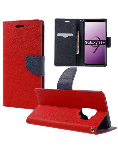 CUSTODIA per SAMSUNG GALAXY S9 PLUS (SM-G965) - FLIP ORIZZONTALE CON STAND, INTERNO IN TPU SILICONE E PORTA CARTE COLORE ROSSO