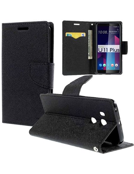 CUSTODIA per HTC U11 PLUS - FLIP ORIZZONTALE CON INTERNO IN TPU SILICONE, STAND, PORTA CARTE E CHIUSURA MAGNETICA COLORE NERO