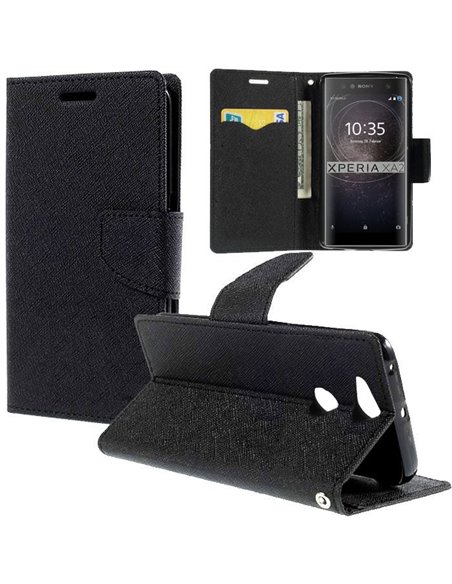 CUSTODIA per SONY XPERIA XA2 - FLIP ORIZZONTALE CON INTERNO IN TPU SILICONE, STAND E TASCHE PORTA CARTE COLORE NERO