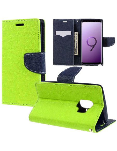 CUSTODIA per SAMSUNG GALAXY S9 (SM-G960) - FLIP ORIZZONTALE CON STAND, INTERNO IN TPU SILICONE E TASCHE PORTA CARTE COLORE VERDE