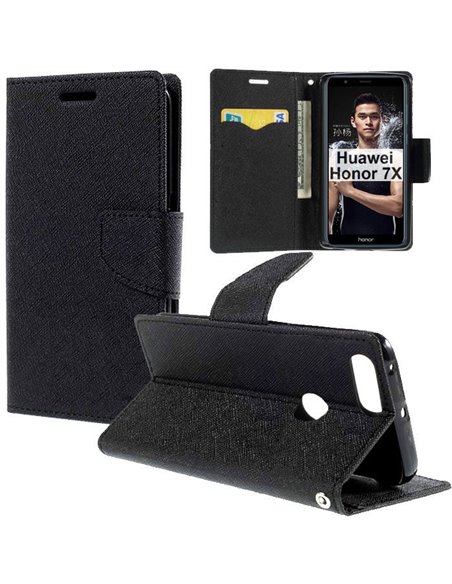 CUSTODIA per HUAWEI HONOR 7X - FLIP ORIZZONTALE CON INTERNO IN TPU, STAND, PORTA CARTE E CHIUSURA MAGNETICA COLORE NERO