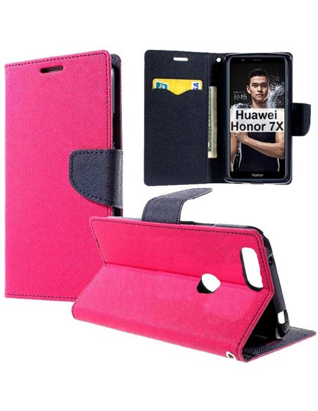 CUSTODIA per HUAWEI HONOR 7X - FLIP ORIZZONTALE CON INTERNO IN TPU, STAND, PORTA CARTE E CHIUSURA MAGNETICA COLORE FUCSIA