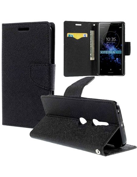 CUSTODIA per SONY XPERIA XZ2 - FLIP ORIZZONTALE CON INTERNO IN TPU SILICONE, STAND E TASCHE PORTA CARTE COLORE NERO