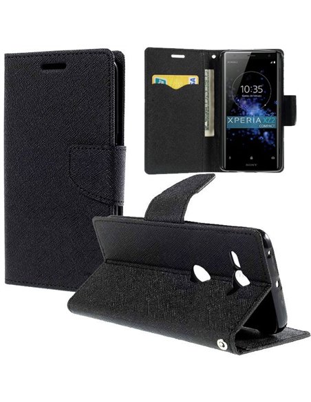 CUSTODIA per SONY XPERIA XZ2 COMPACT (H8314) - FLIP ORIZZONTALE CON INTERNO IN TPU SILICONE, STAND E PORTA CARTE COLORE NERO