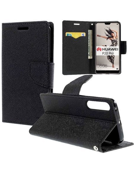 CUSTODIA per HUAWEI P20 PRO - FLIP ORIZZONTALE CON INTERNO IN TPU, STAND, PORTA CARTE E CHIUSURA MAGNETICA COLORE NERO