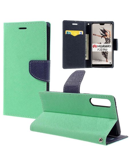 CUSTODIA per HUAWEI P20 PRO - FLIP ORIZZONTALE CON INTERNO IN TPU, STAND, PORTA CARTE E CHIUSURA MAGNETICA VERDE ACQUA