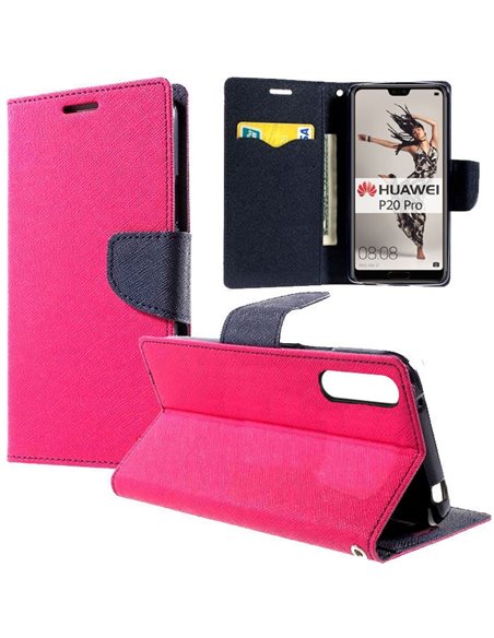 CUSTODIA per HUAWEI P20 PRO - FLIP ORIZZONTALE CON INTERNO IN TPU, STAND, PORTA CARTE E CHIUSURA MAGNETICA COLORE FUCSIA