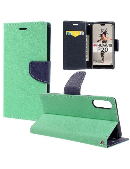 CUSTODIA per HUAWEI P20 - FLIP ORIZZONTALE CON INTERNO IN TPU SILICONE, STAND, PORTA CARTE E CHIUSURA MAGNETICA VERDE ACQUA