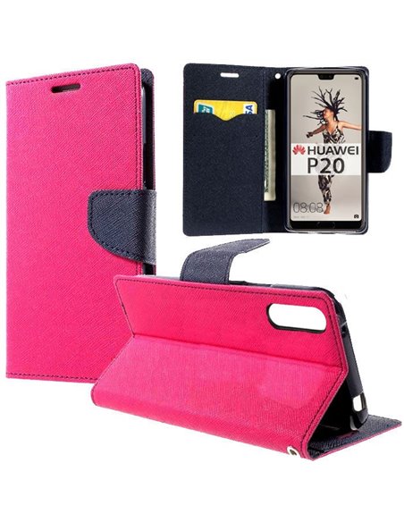 CUSTODIA per HUAWEI P20 - FLIP ORIZZONTALE CON INTERNO IN TPU SILICONE, STAND, PORTA CARTE E CHIUSURA MAGNETICA COLORE FUCSIA