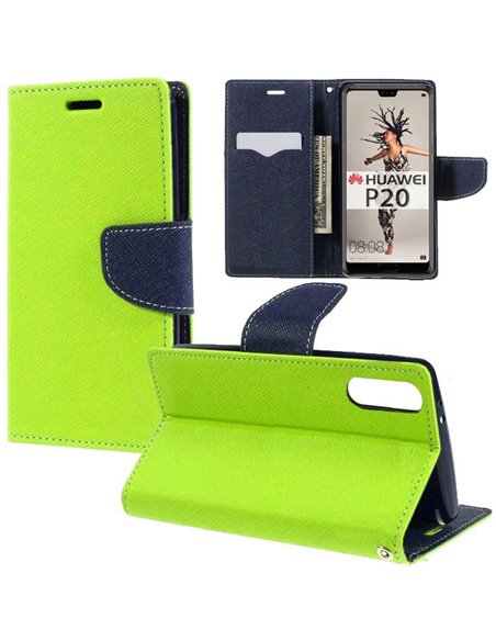 CUSTODIA per HUAWEI P20 - FLIP ORIZZONTALE CON INTERNO IN TPU SILICONE, STAND, PORTA CARTE E CHIUSURA MAGNETICA COLORE VERDE