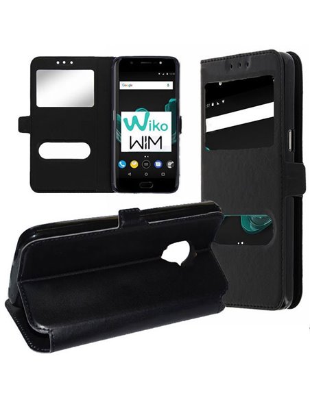 CUSTODIA per WIKO WIM (5.5' POLLICI) FLIP ORIZZONTALE SIMILPELLE CON INTERNO IN TPU E DOPPIA FINESTRA ID COLORE NERO