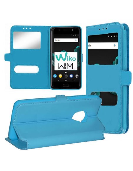 CUSTODIA per WIKO WIM (5.5' POLLICI) FLIP ORIZZONTALE SIMILPELLE CON INTERNO IN TPU E DOPPIA FINESTRA ID COLORE AZZURRO