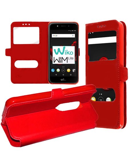 CUSTODIA per WIKO WIM LITE (5.0' POLLICI) FLIP ORIZZONTALE SIMILPELLE CON INTERNO IN TPU E DOPPIA FINESTRA ID COLORE ROSSO