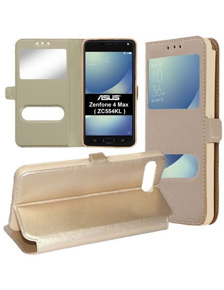 CUSTODIA per ASUS ZENFONE 4 MAX (ZC554KL), 5.5' - FLIP ORIZZONTALE SIMILPELLE CON INTERNO IN TPU E DOPPIA FINESTRA ID COLORE ORO