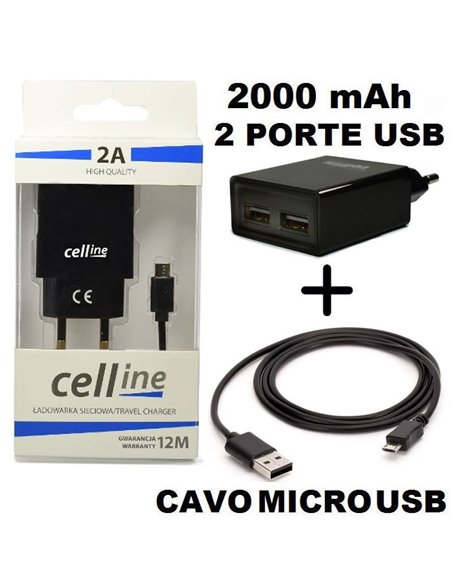 CARICATORE DA RETE 2000mAh CON 2 PORTE USB + CAVO MICRO USB -  LUNGHEZZA 1 MT COLORE NERO CELLINE BLISTER (TC00.MICRO.2A.CL.NE)