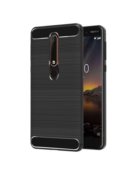 CUSTODIA per NOKIA 6.1, NOKIA 6 (2018) IN GEL TPU SILICONE EFFETTO METALLICO CON INSERTI IN FANTASIA CARBONIO COLORE NERO